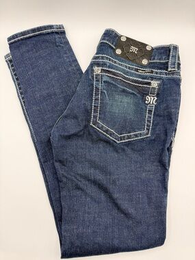 Miss Me Ankle Skinny Dark Blue Denim Jeans with Leather Logo Patch